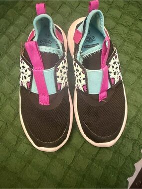 Logo Athletic Kids Slip-On Sneakers in Black, Pink & Aqua with Leopard Accent